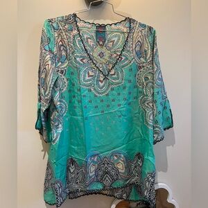 Johnny Was Women's Teal Paisley Tunic Quarter length sleeve Top XL